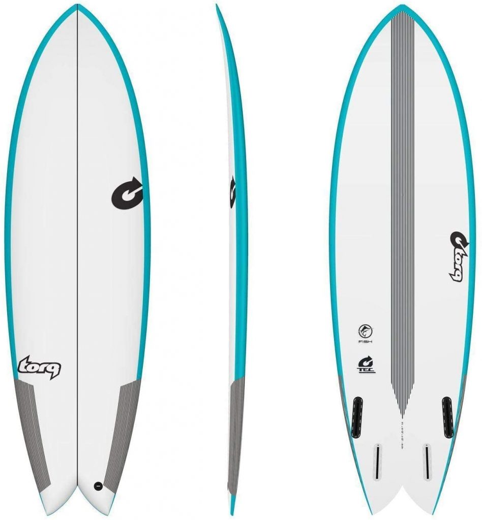 tabla de surf shortboard fish marca torq con el canto azul